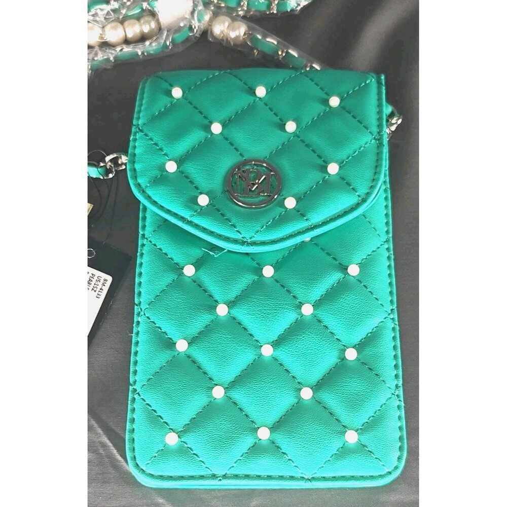 NWT Badgley Mischka Diamond Quilted Pearl Studded Teal Green Phone Case RV $69